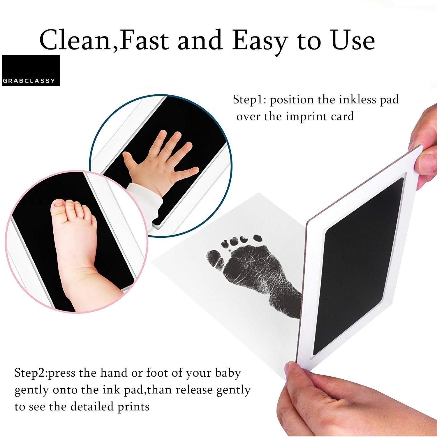 Grab Classy Safe Inkless For 6-12 Months Baby Handprint And Baby Footprint Ink Pad With Imprint Cards 100% Non-Toxic & Mess Free Safe For Newborn Baby And Toddlers (Black,) - 1 Count 3 71SW4UHtqiL. SL1500