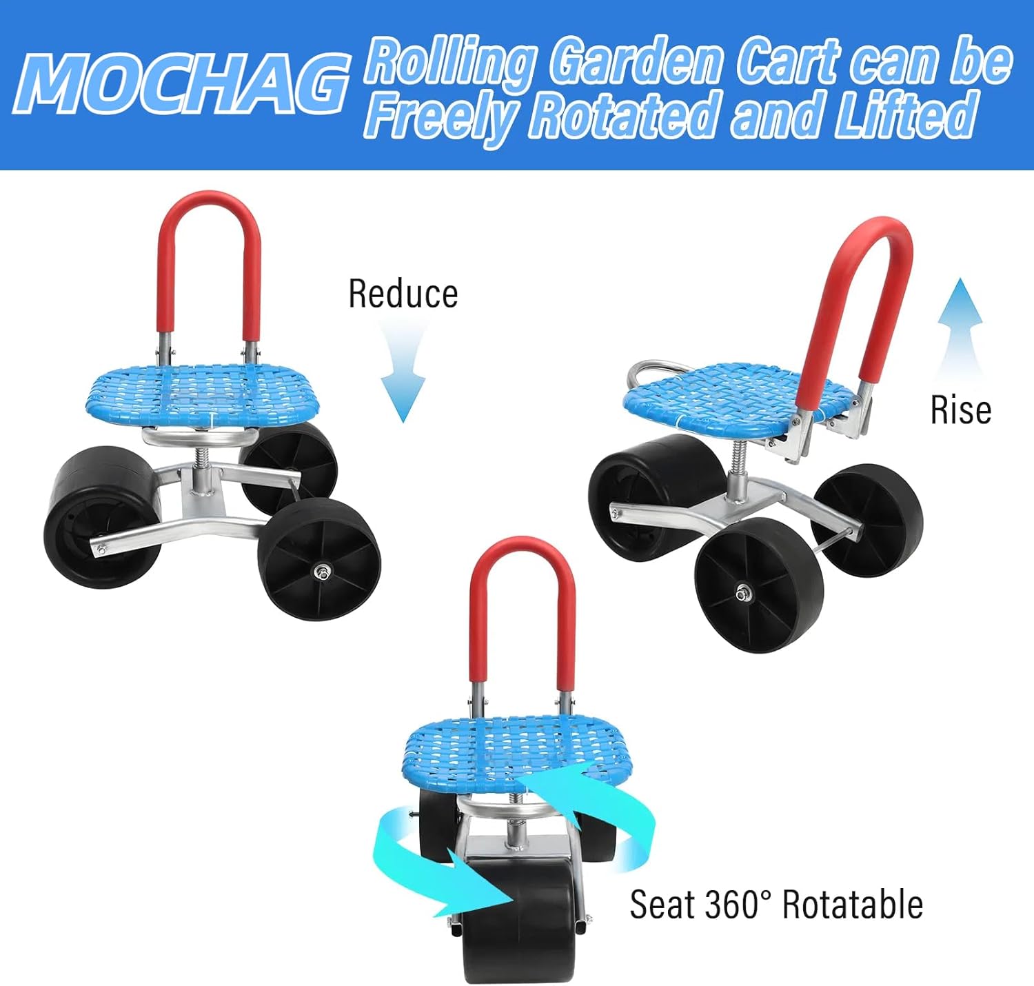 MOCHAG Rolling Garden Cart with Seat, 360° Swivel Garden Rolling Work Seat w/3 Wheels Adjustable Height, Gardening Chair Outdoor Lawn Yard Patio Wagon Scooter for Planting, Gardening Helper