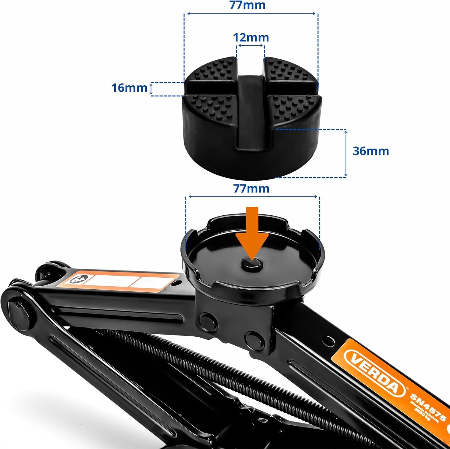 VERDA Cric a pantografo 2,5 T (2500 kg), 110-420 mm, 2x gomma, cric con chiave per dadi ruota, chiave a cricchetto, piastra in acciaio allargata, borsa, Car Jack Auto SUV MPV
