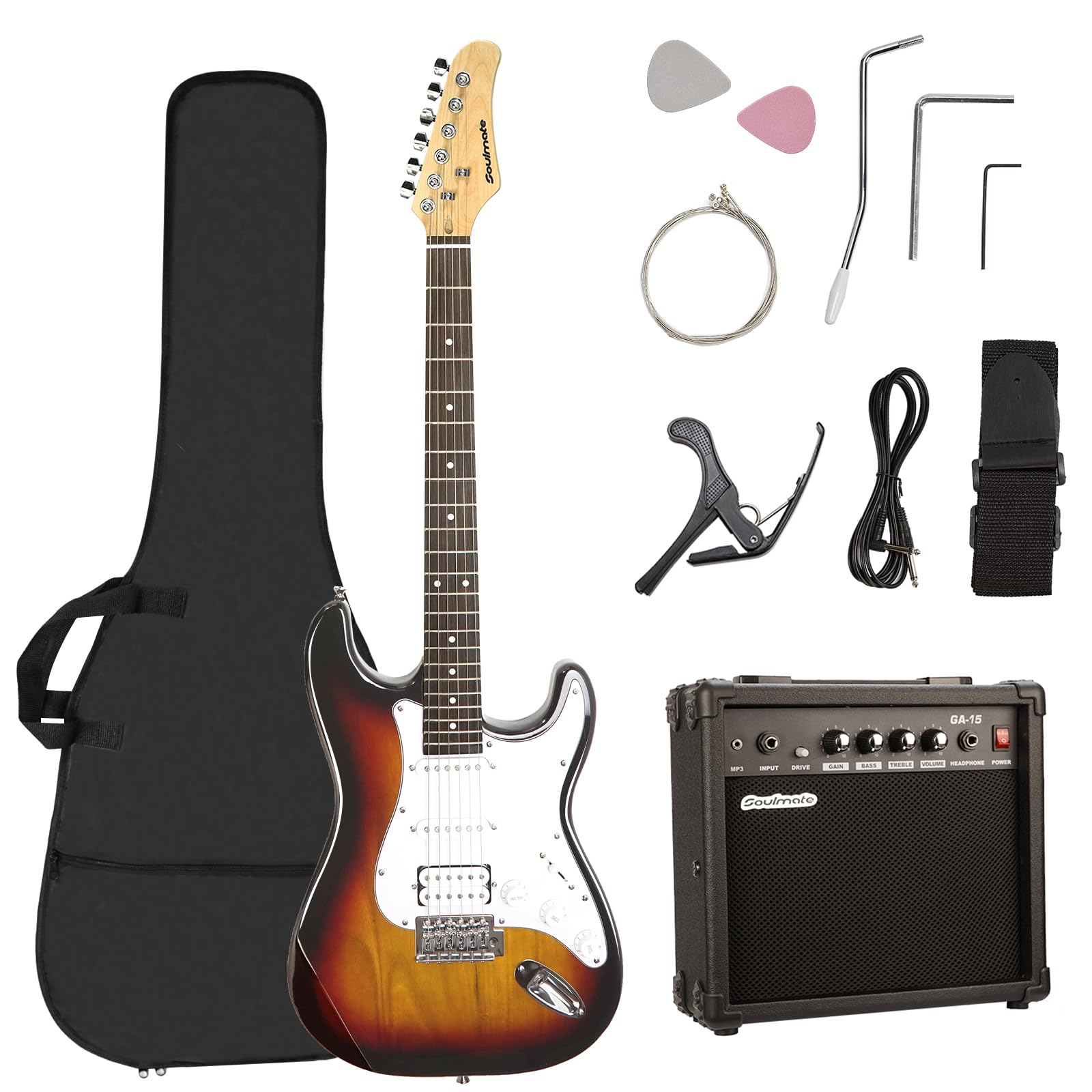 Soulmate E-Gitarren-Set für Anfänger, 99,1 cm, HSS-Tonabnehmer, solider Körper, volle Größe, E-Gitarre für Starter mit Verstärker, Tasche, Kapodaster, Gurt, Saite, Kabel, Plektren (Sunburst)