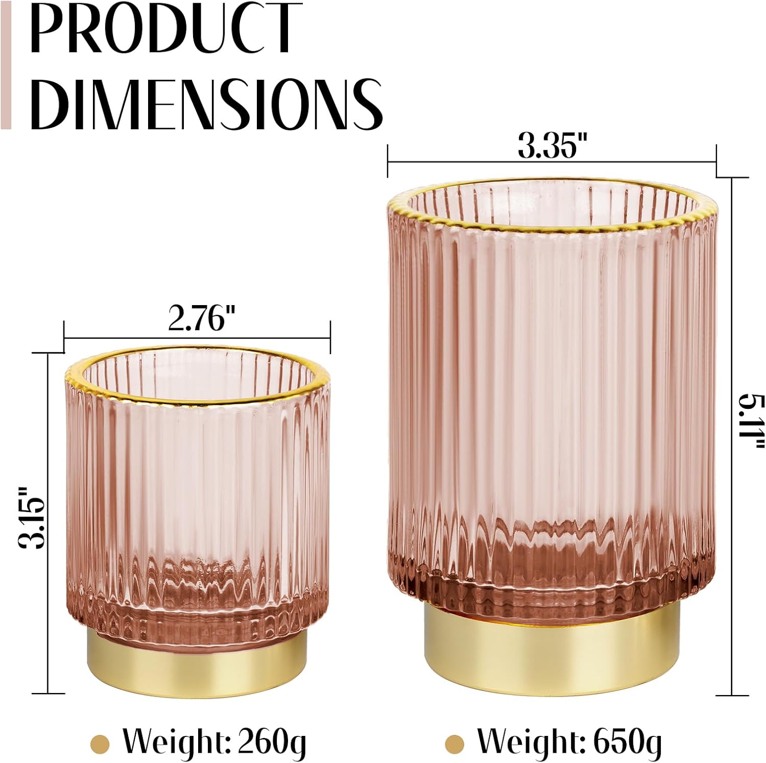 Makeup Brush holder Organizer, Crystal Glass Toothbrush Holders, Striped Make Up Brush Holder for Vanity, Pen Holder for Desk, Vase -Pink (S+L)