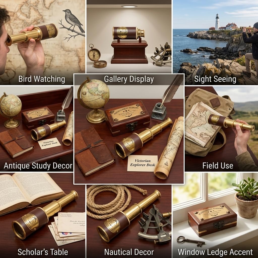 Brass Telescope with Wooden Box, 8 Inch Antique Vintage Nautical Spyglass