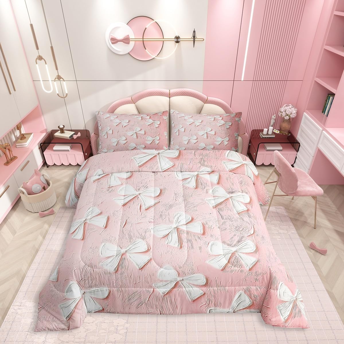 Erosebridal Bow Girls Queen Bedding Set Coquette Bowknot Comforter Set Cute Bow Tie Comforter for Kids Teen Women Kawaii Room Decor,Aesthetic Oil Painting Pink White Quilt Duvet