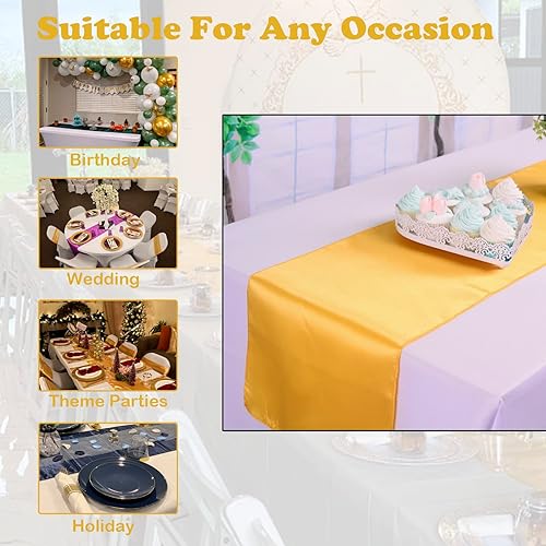 Miniatura 7 de Juego de 10 caminos de mesa de satén dorado de 12 x 108 pulgadas para banquetes de boda, decoraciones de fiesta de cumpleaños, fajas de silla de