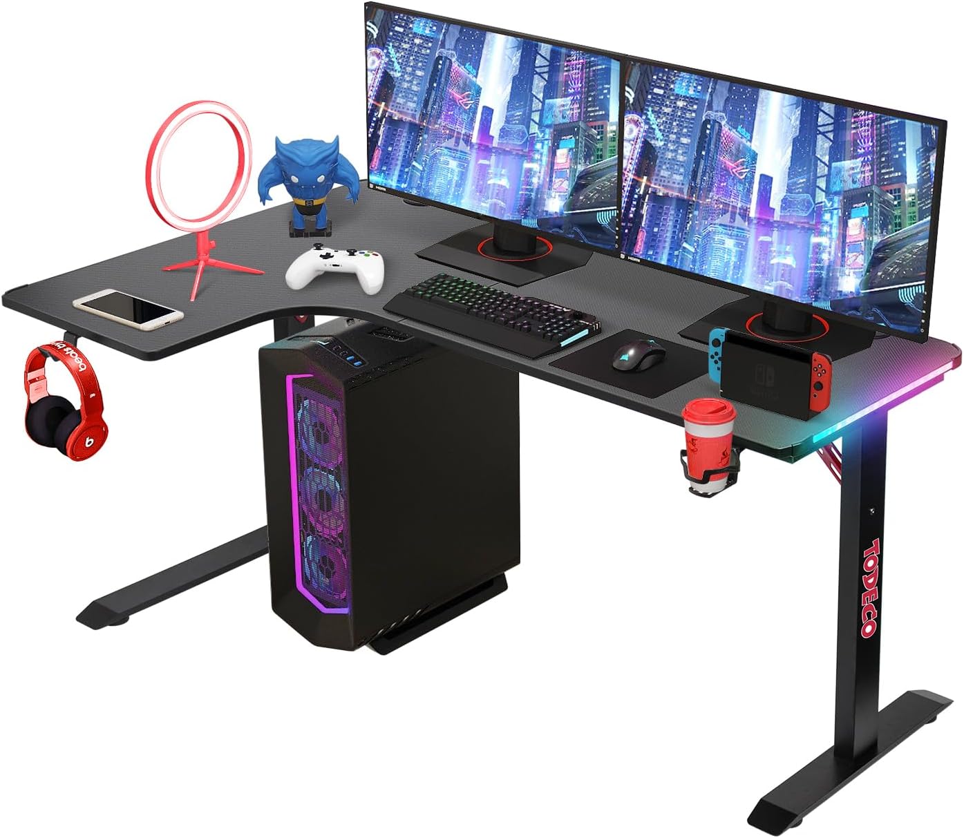 Todeco L-förmiger Gaming-Computertisch mit LED-Leuchten, Eckschreibtisch 140 x 100cm Gaming Schreibt…