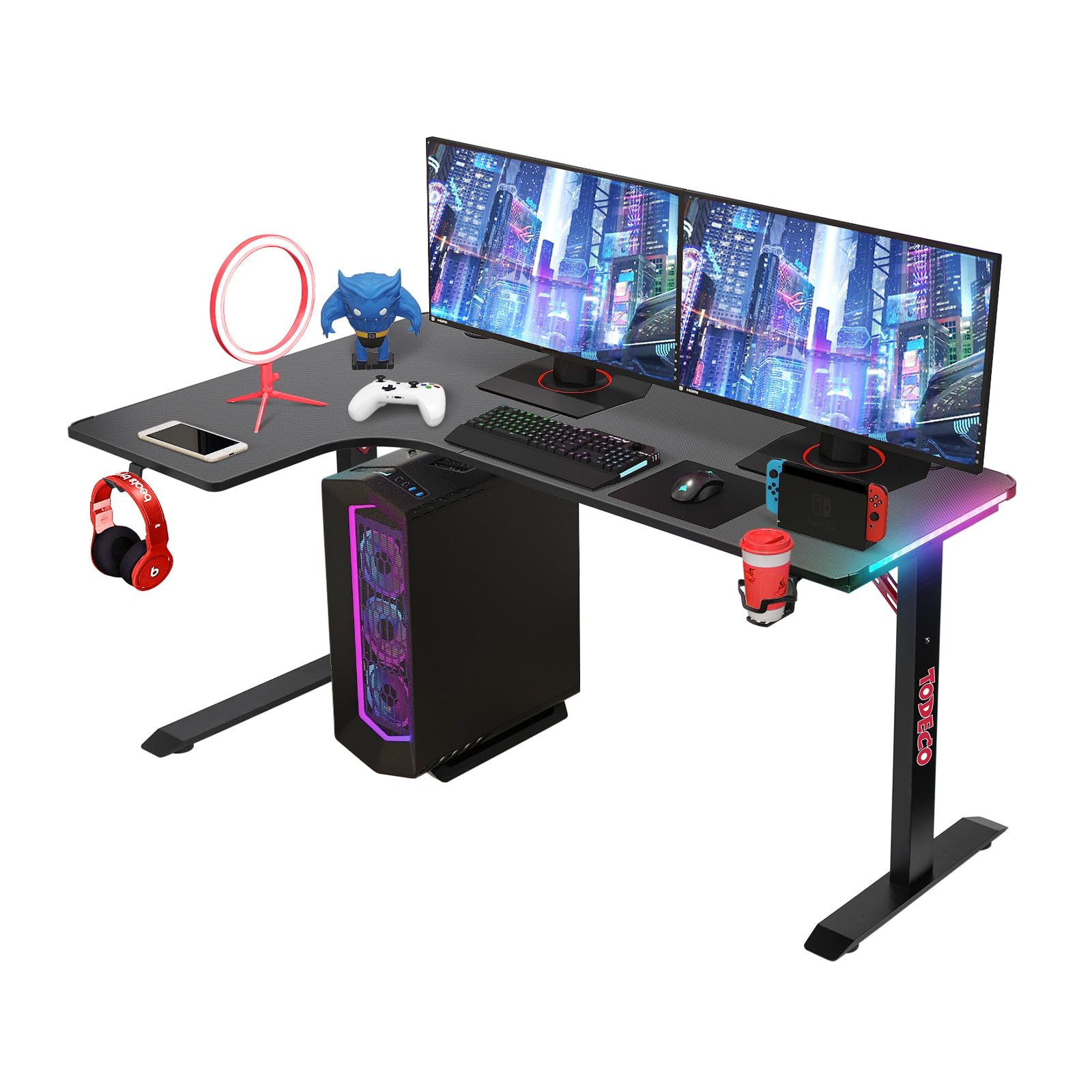 Todeco 140 x 100 cm L-förmiger Gaming Schreibtisch, Eckschreibtisch mit LED | mit Kopfhörerhaken, Getränkehalter, 40 RGB-Modi mit Fernbedienung, höhenverstellbare Beinpads, Kohlefaseroberfläche