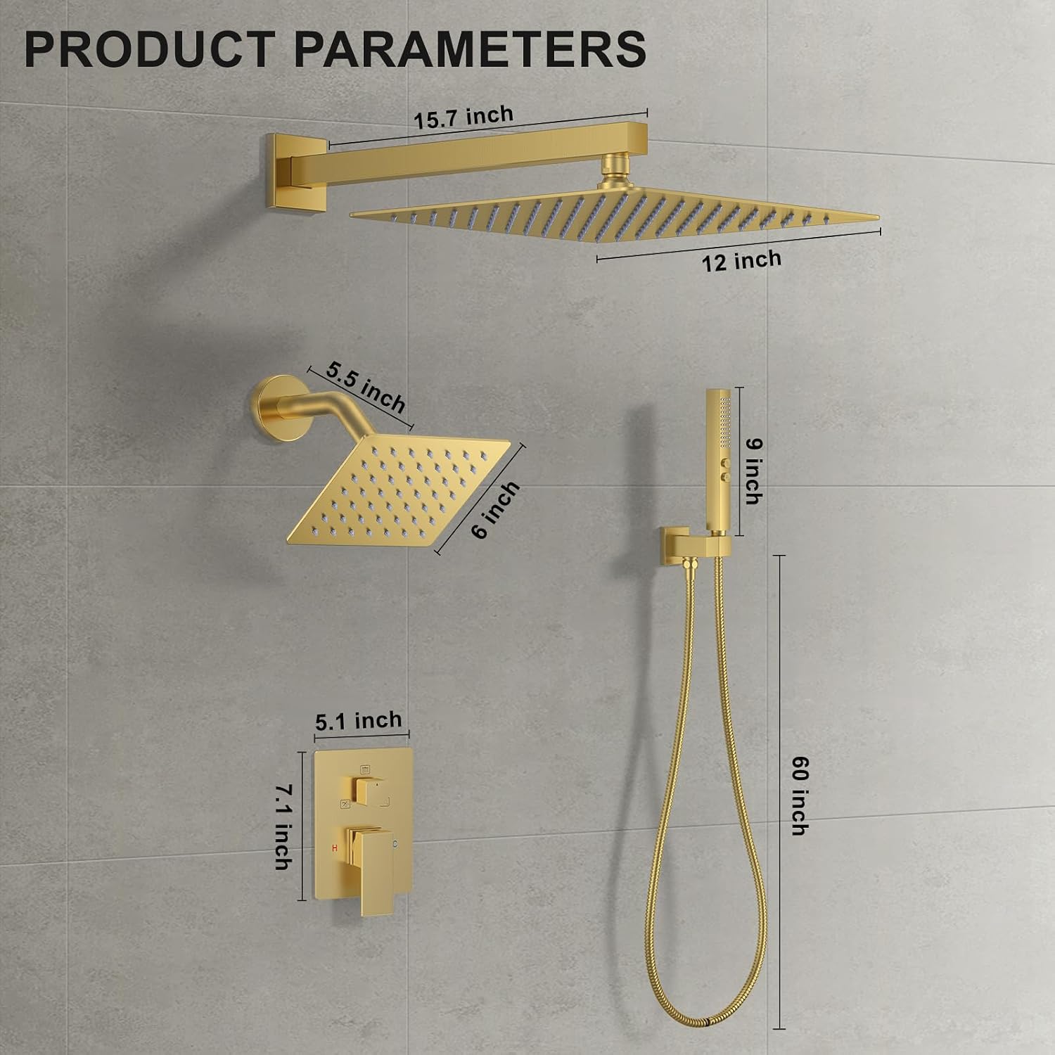 Shower Faucet Set, Wall Mounted Rainfall Shower System 12"+ 6" Dual Shower Head Sets with 2 in 1 Handheld Spray with Rough-in Valve and Shower Trim Kit, Brushed Gold