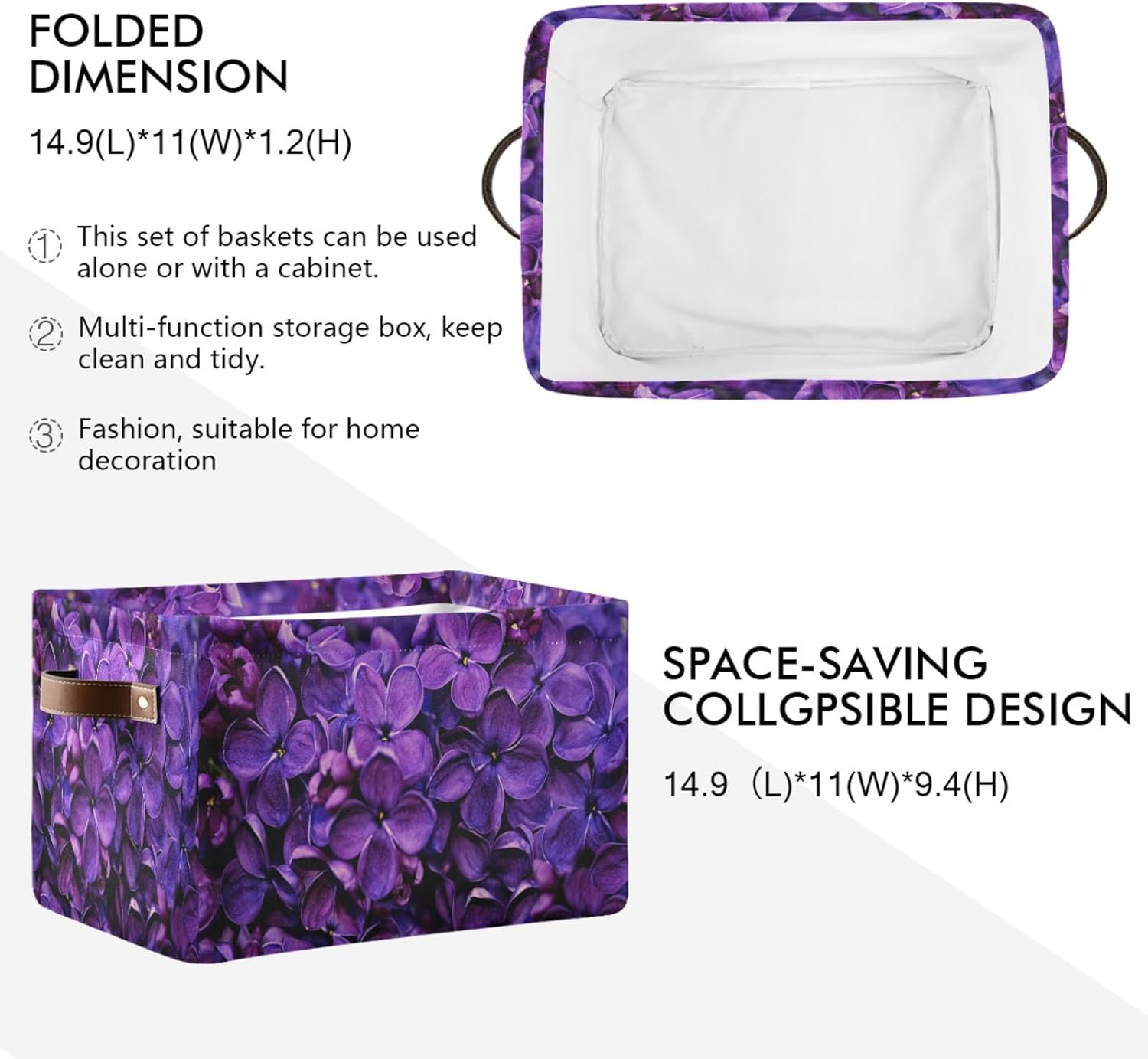 xigua Spring Lilac Purple Floral Large Storage Basket, Foldable Storage Basket, Waterproof Coating Storage Box with Handle Storage Bag, for Home & Office, 2PCS