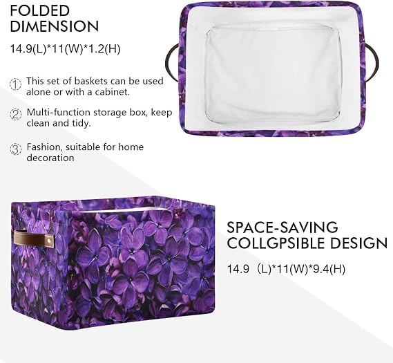 Spring Lilac Purple Floral Large Storage Basket, Foldable Storage Basket, Waterproof Coating Storage Box with Handle Storage Bag, for Home & Office, 1PCS