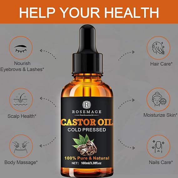 100% Pure Natural Castor Oil Organic Cold Pressed Rich Hydration for Dry Hair, Eyelashes, Eyebrows, Skin, Scalp, Nails and body care Essential Oil Unrefined Hexane-Free (100ml/3.38oz)