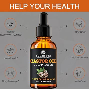 100% Pure Natural Castor Oil Organic Cold Pressed Rich Hydration for Dry Hair, Eyelashes, Eyebrows, Skin, Scalp, Nails and body care Essential Oil Unrefined Hexane-Free (100ml/3.38oz)