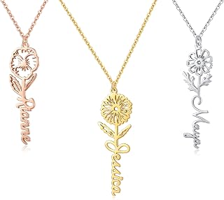 Birth Flower Name Necklace Personalized, 18K Gold Plated Floriography Custom Birth Flower Necklace with Name, Flower Wishes Customized Necklace Birthday Gifts for Women Teen Girls, 3 Colors