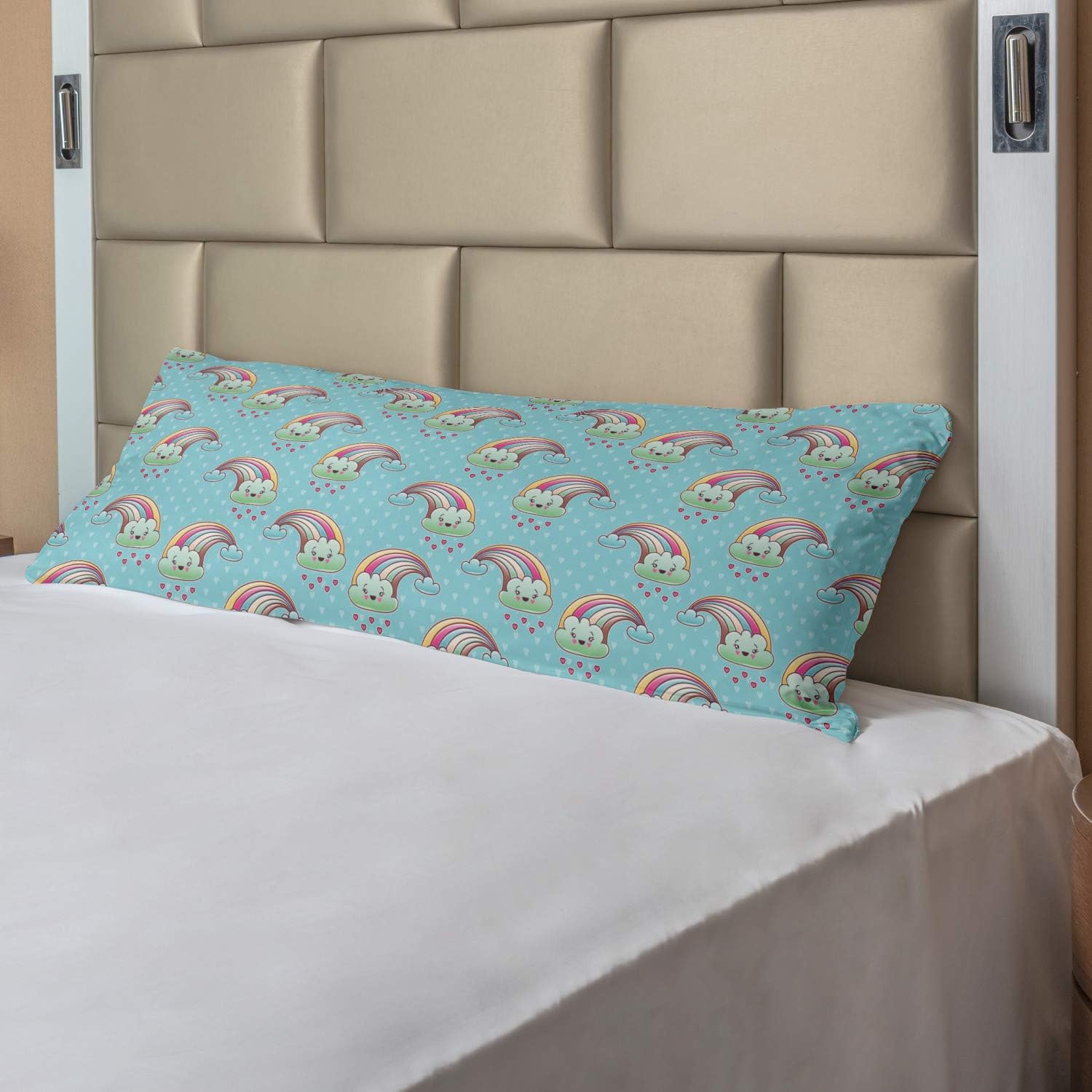 Ambesonne Anime Body Pillow Case Cover with Zipper, Cartoon Rainbow Clouds with Smiling Faces on Pale Blue Background with Hearts, Decorative Accent Long Pillowcase, 21" x 54", Pale Blue