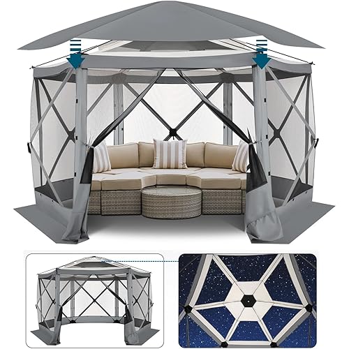 COBlZl Pop Up Gazebo 12x12 Screen House Tent for Camping, Outdoor Instant Stargazing Gazebo Canopy with Awning 2.0, Portable Hub Tent with Mosquito Netting, Pavilion for Backyard,Gray