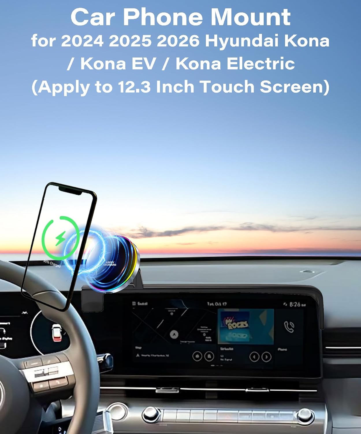 Car Phone Holder for 2024 2025 2026 Hyundai Kona/Kona EV Electric Accessories 15W Fast Wireless Charger Screen Fixed Clip HandsFree Cell Phone Mount 360° Rotation (12.3 Inch)