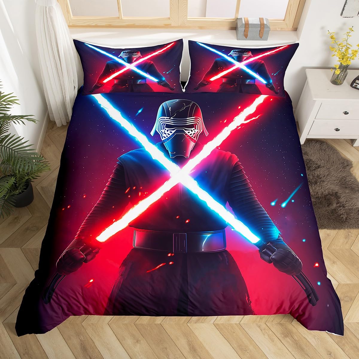 richhome Kids Lightsaber Duvet Cover Set 3D Galaxy Neon Blue Red Bedding Set Single Size for Boys Girls Bedroom Bed Decor Fighters Lightsaber Comforter Cover Neon Lightsaber Quilt Cover for All Season