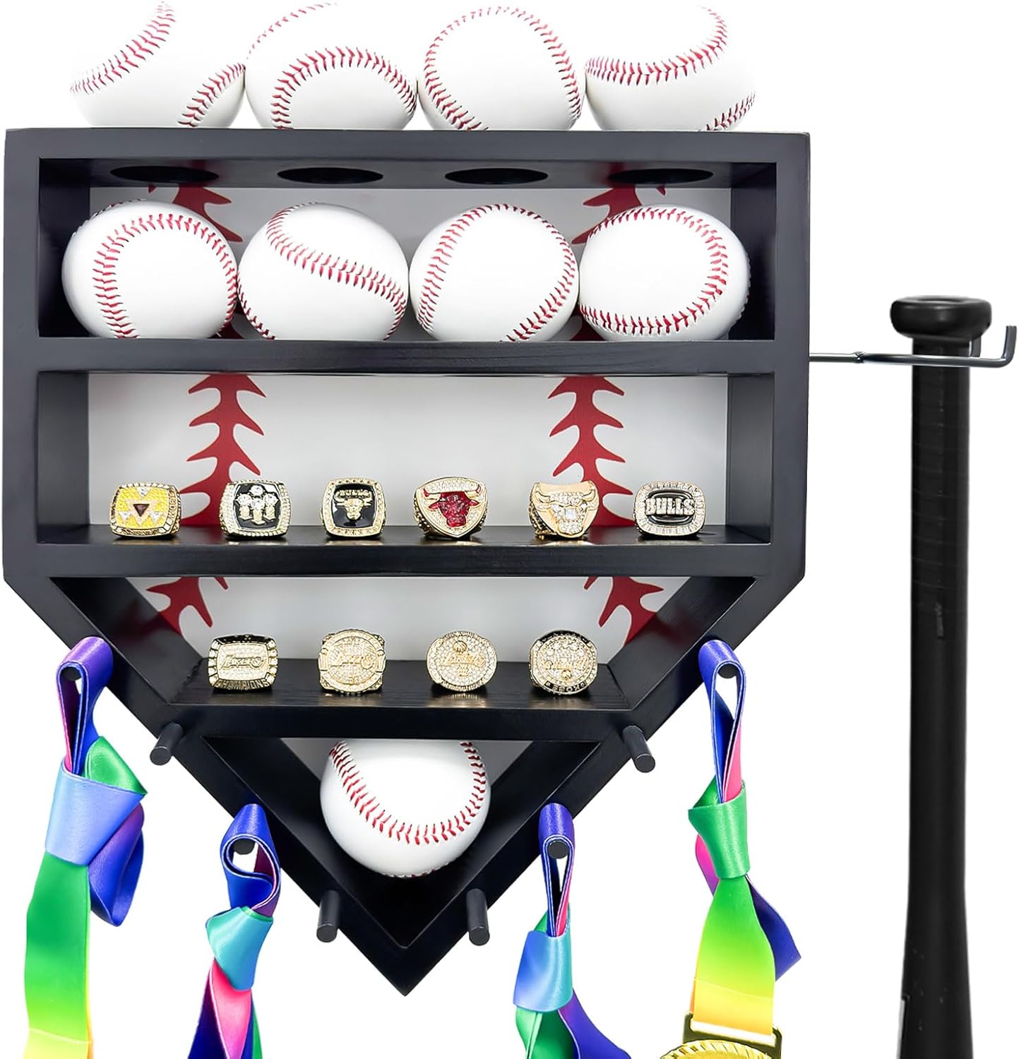 Gavinjiao Wooden Baseball Ring Holder, Baseball Display Case with Bat Holder Wall Mounted Holder Trophy Case Homerun Display Shelf with Extra Space for Champion Rings Medals Trophies Black (M)