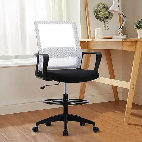 Miniatura 8 de Silla de redacción alta para escritorio de oficina, respaldo medio, altura de barra ajustable, silla de oficina con soporte lumbar y anillo para los