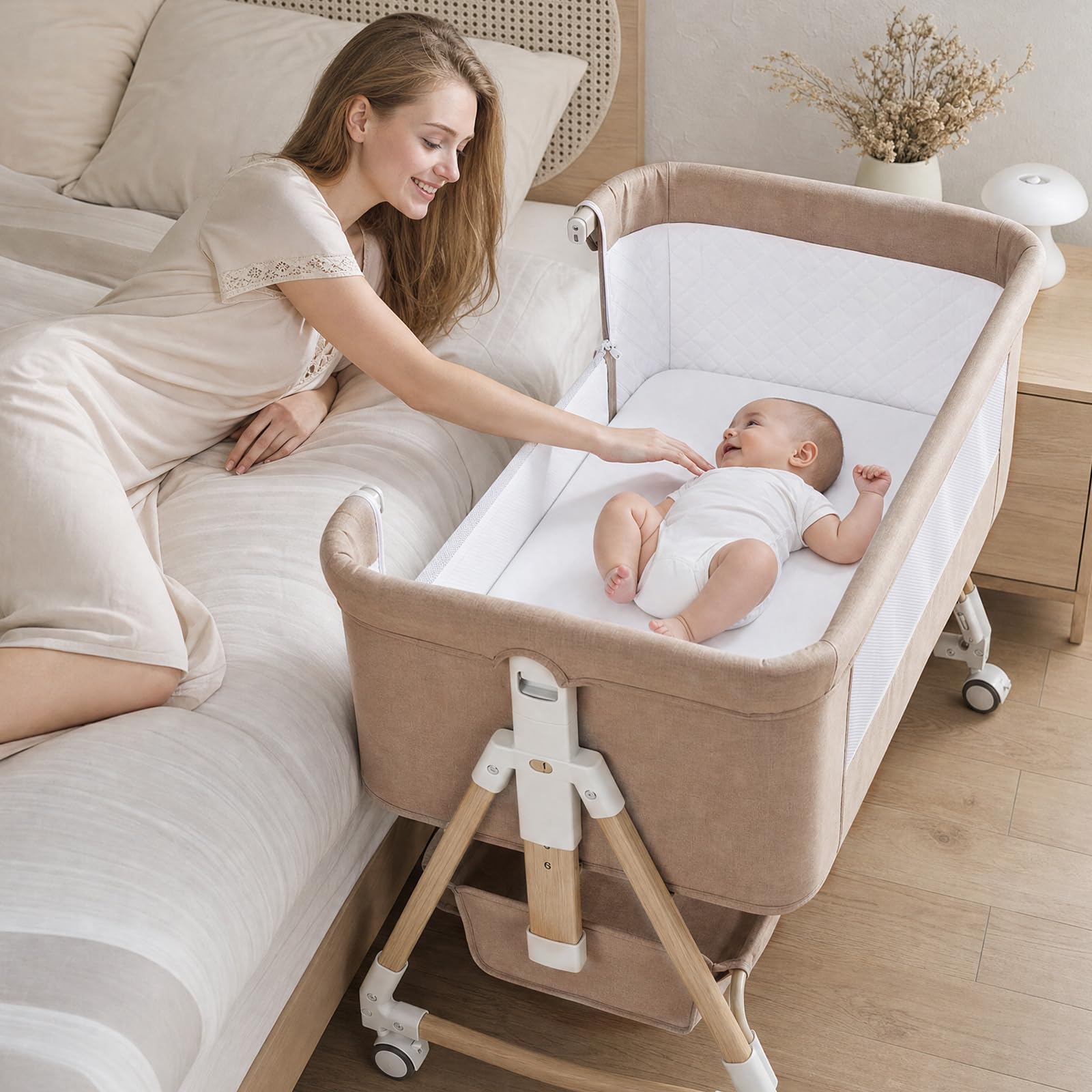 Uuoeebb 3 In 1 Baby Bedside Crib, Next to Me Crib with 6 Level Adjustable, Lockable Matress, Univesal Wheels, Storage Basket, Portable Cribs for Newborn Infant, Khaki