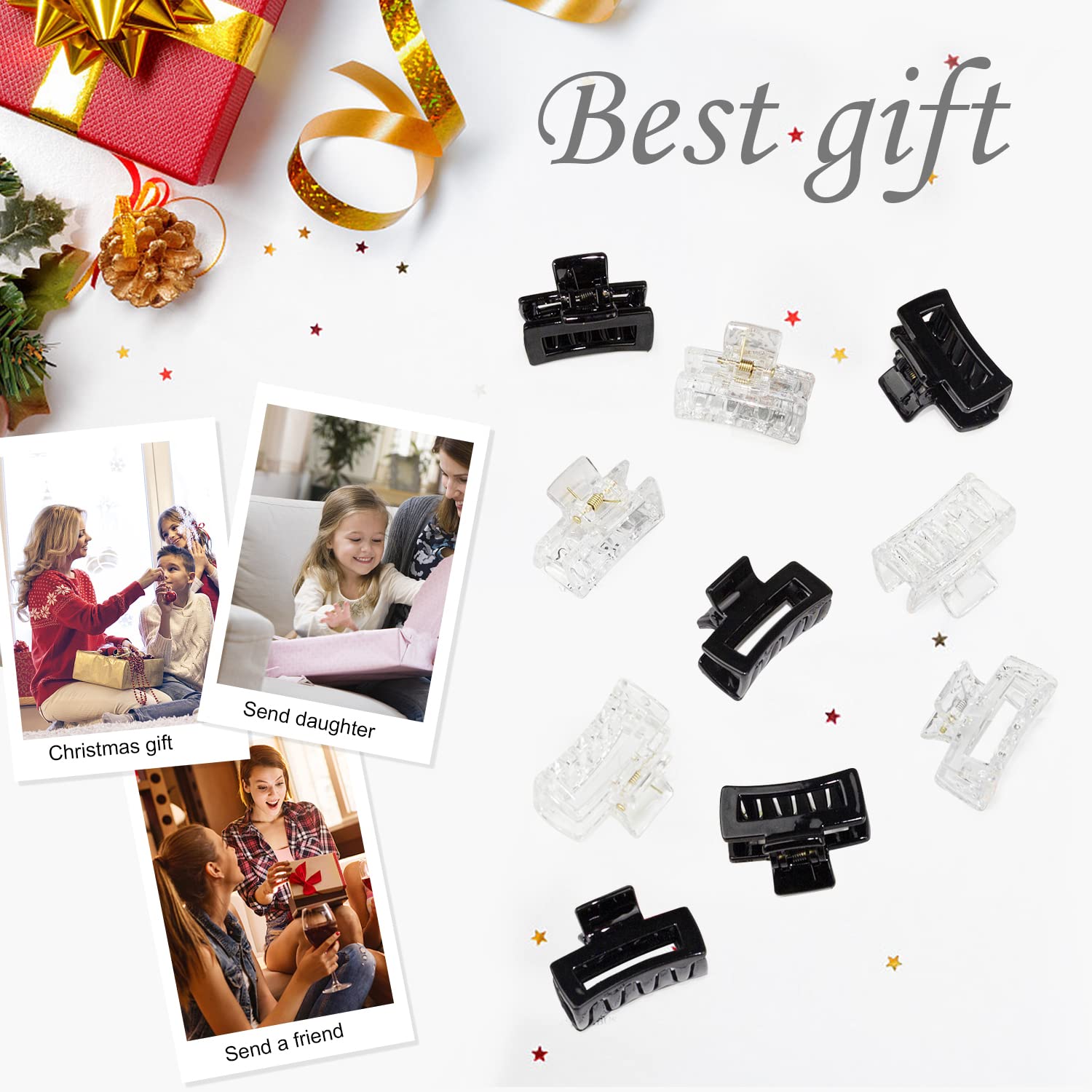 Cobinaan Small Claw Hair Clips for Women Girls, 10 Pieces 1.5 Inch Mini Hair Jaw Clips for Thin/Medium Thick Hair, Matte Rectangle Nonslip Clip with Gift Box (Black+clear color series) - Image 5