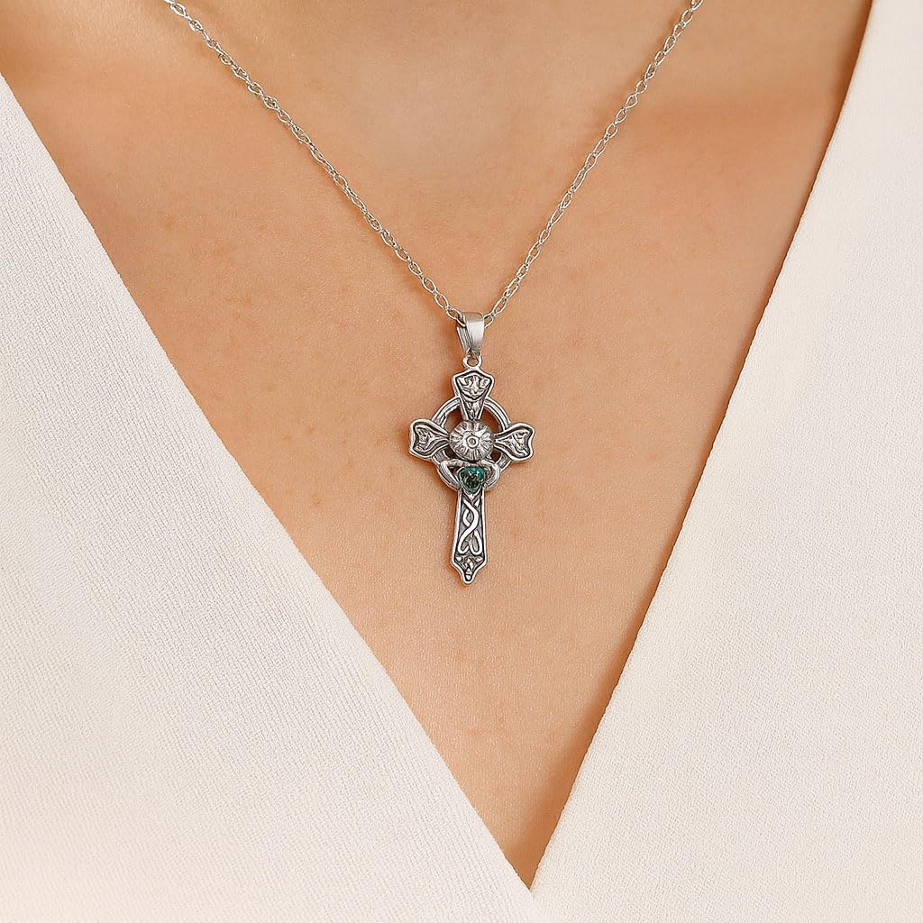Claddagh Cross Necklace with Birthstone for Her, Real Silver Vintage Irish Claddagh Cross Necklace for Women Ladies Birthday Christmas Wedding Anniversary - Image 2