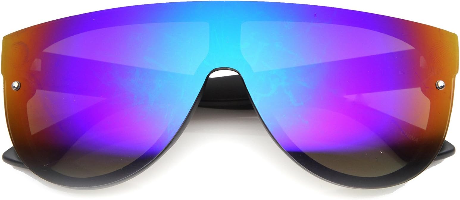 Modern Fashion Flat Top Flash Mirror Shield Plastic Aviator Sunglasses (Black/Midnight)