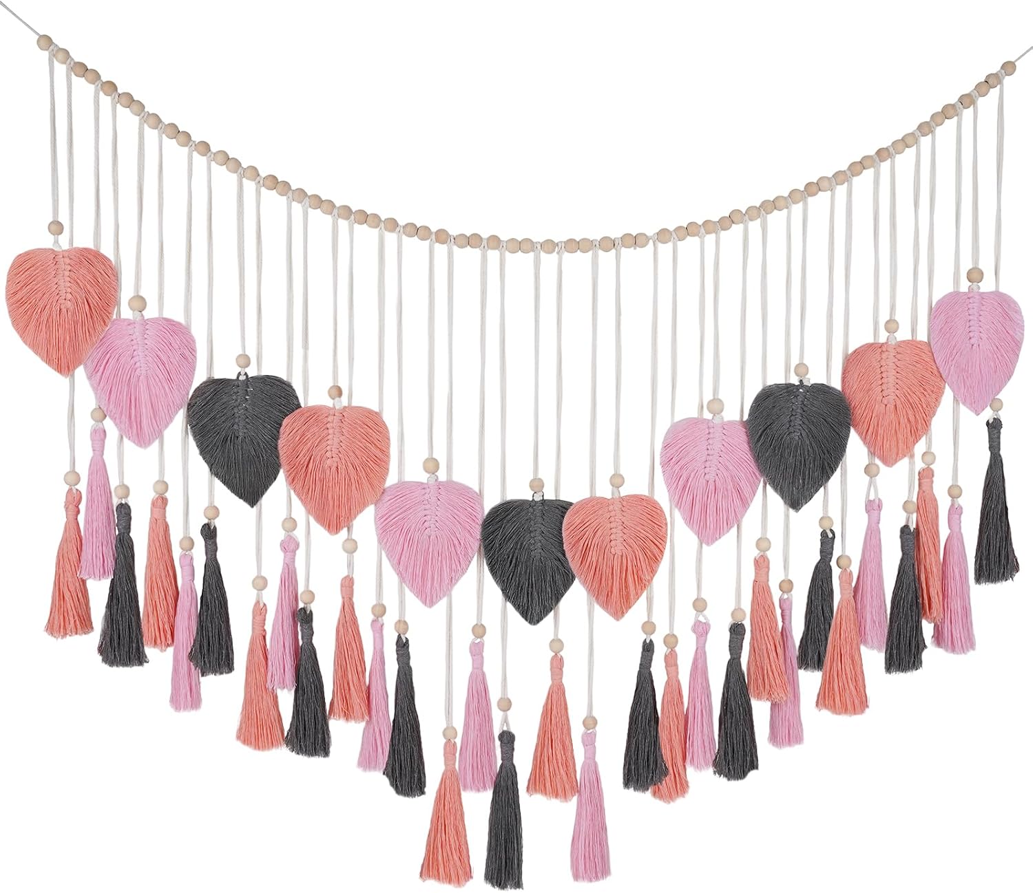 Large Macrame Wall Hanging Tapestry with Wood Bead and Leaf Wall Decor for Bedroom Living Room Nursery Apartment, Room Boho Style Decor, 43.3" W x 25.9" L Pink