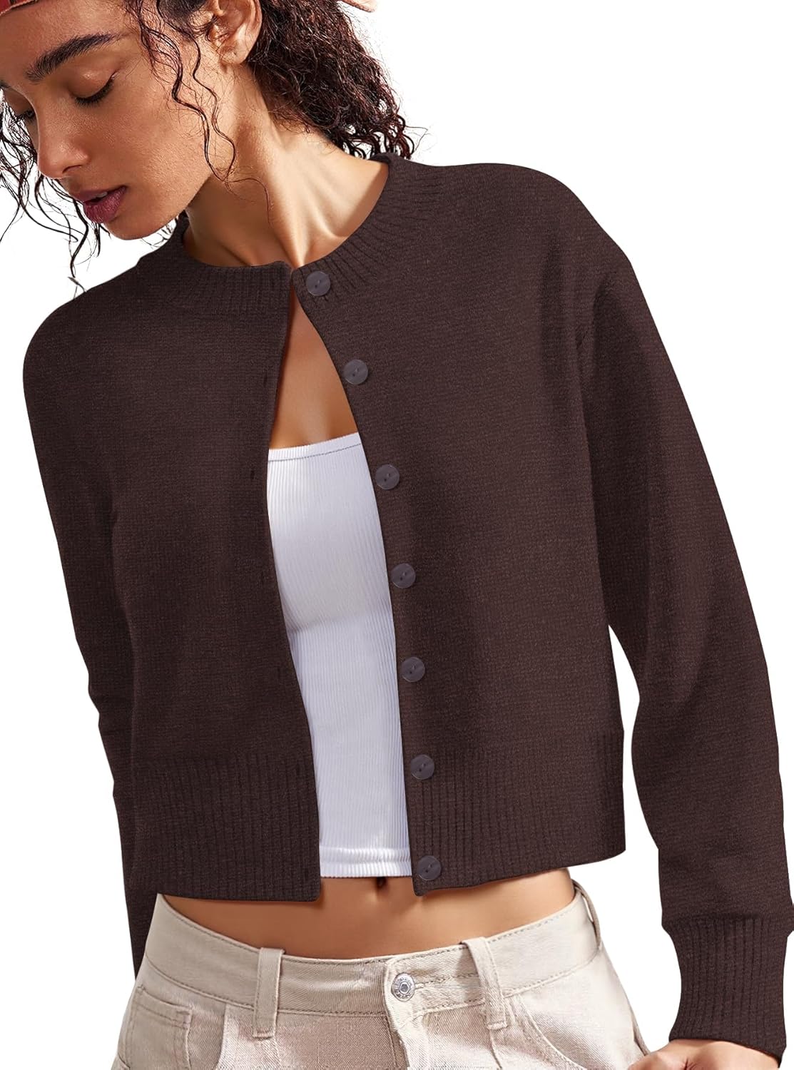 Women's Cropped Knit Cardigan Sweater – Button Down Long Sleeve Slim Fit Gray Fall Layering Top - Image 3
