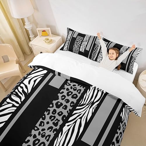Miniatura 3 de Juego de funda de edredón con estampado de leopardo, tamaño Queen, juego de ropa de cama de retazos geométricos de piel de cebra y guepardo,