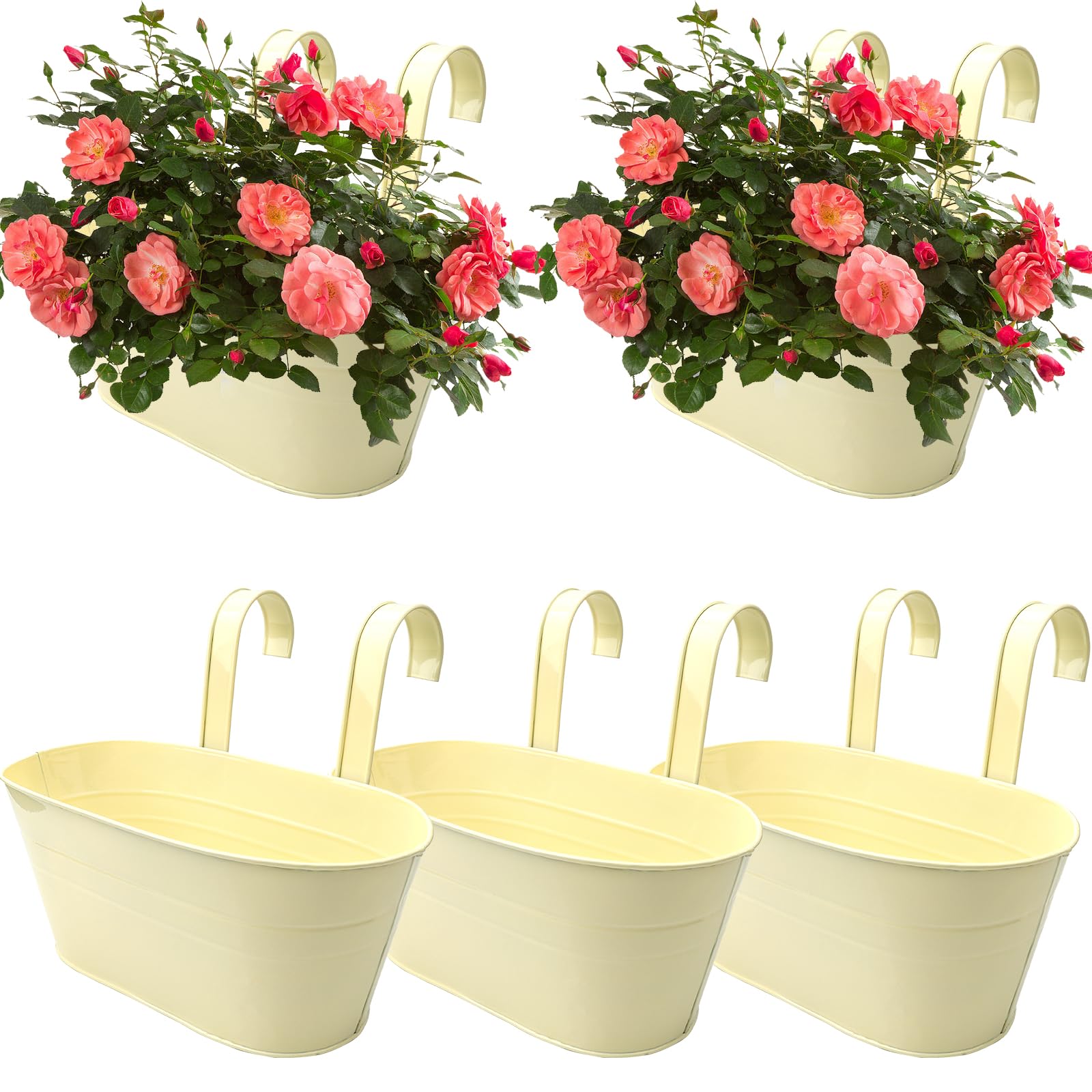 Roellgs 5Pcs Metal Hanging Flower Pots, 28.5cm Large Plant Pots Hanging Flower Bucket with Detachable Hook for Balcony Fence Garden Home Decor (5, White)
