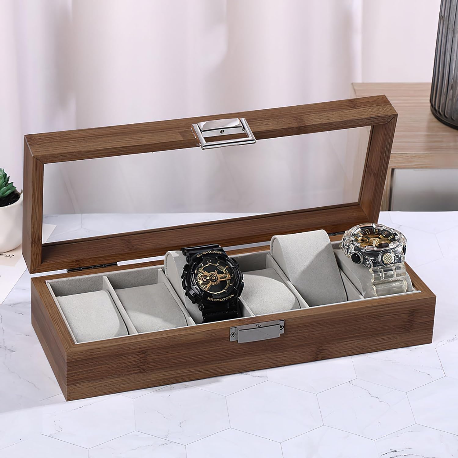 BucketList 6 Slot Wooden Watch Box for Men and Women, Display Organizer with Glass Top, Metal Buckle, Grey Lining (B0B1J2VRCZ) Amazon Price History, Amazon Price Tracker