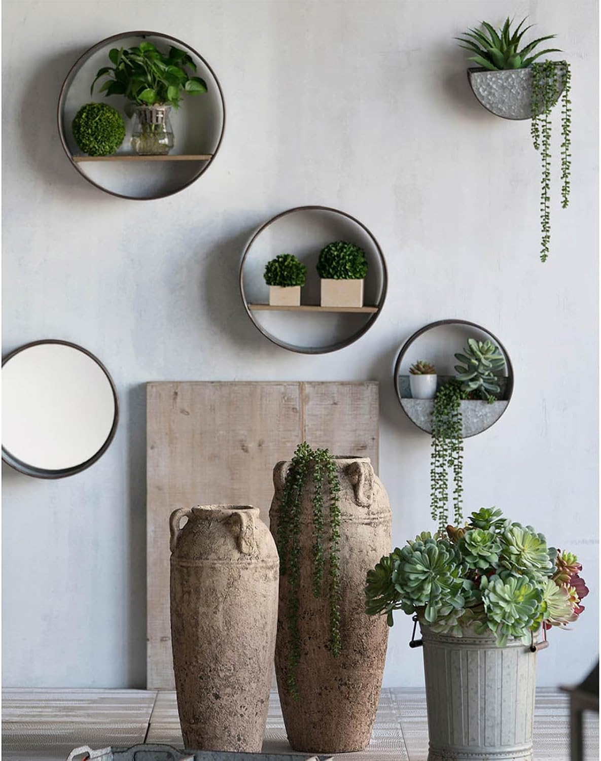 Farmhouse Round Wall Planter Set, 5-Piece - Modular Iron Wood Shelf Planters with Mirror - Customizable Indoor Vertical Garden - Unique Home Decor for Living Room, Kitchen