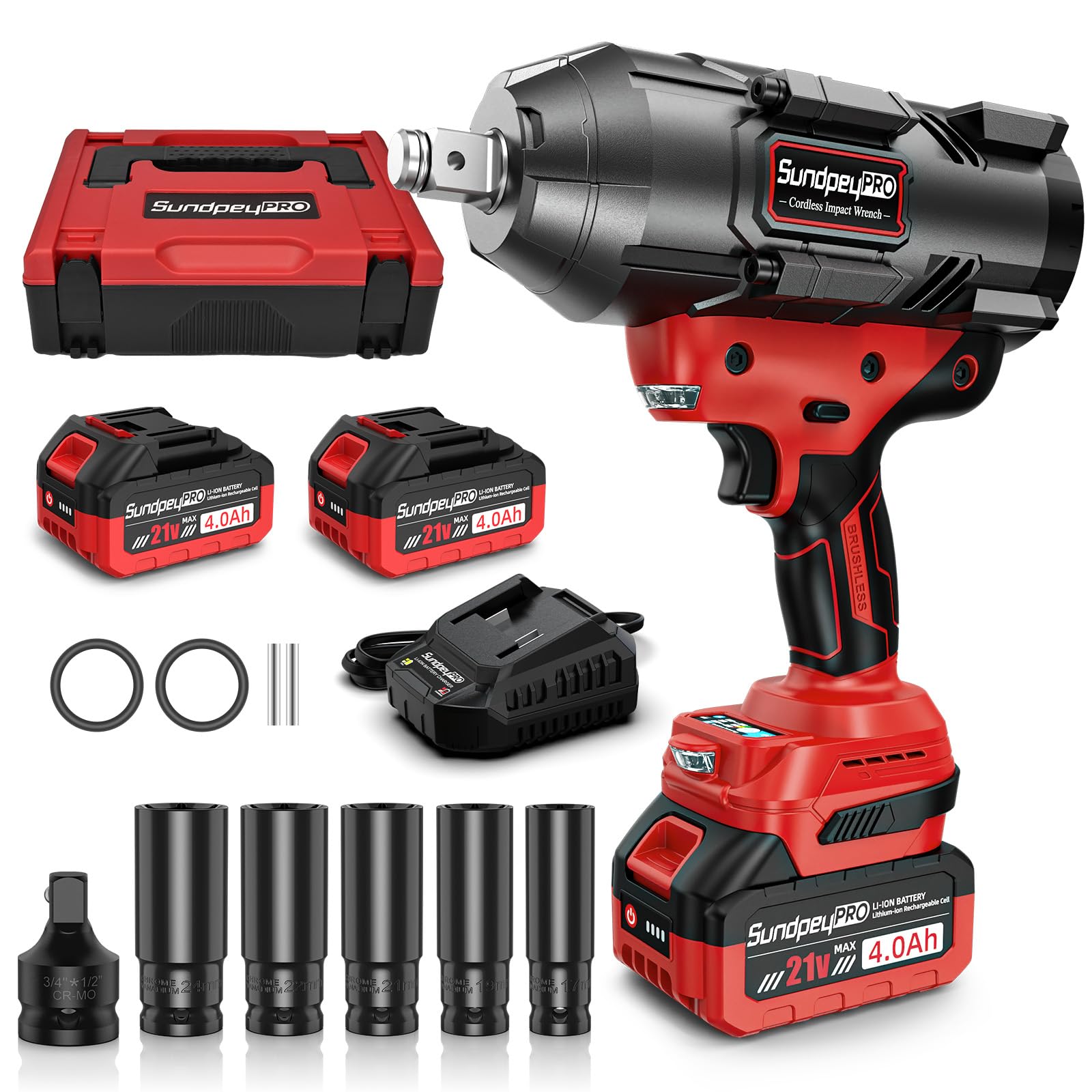 SundpeyPRO Cordless Impact Wrench 1600Ft-lbs - 2100N·m High Torque Impact Gun with 2 * 4.0Ah Battery - 3/4 Inch Brushless Impact Driver with 3/4" to 1