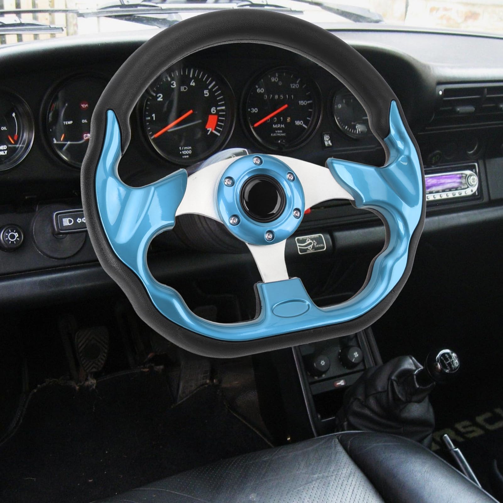 Elegante Volante per Auto Blu PU 13 Pollici - Impugnatura Migliorata, Ruota Sportiva Resistente all'impatto Facile Installazione Nei Veicoli (BLUE)
