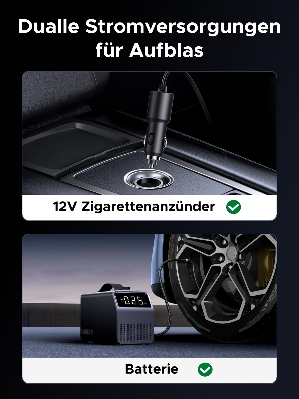 UGREEN Luftkompressor mit 3x4500mAh Akku, 150PSI | 12V Tragbare Automatische Reifenpumpe für 4 Reifenfüller mit Digitalanzeige für Autos, Motorräder, Fahrräder, Ballons