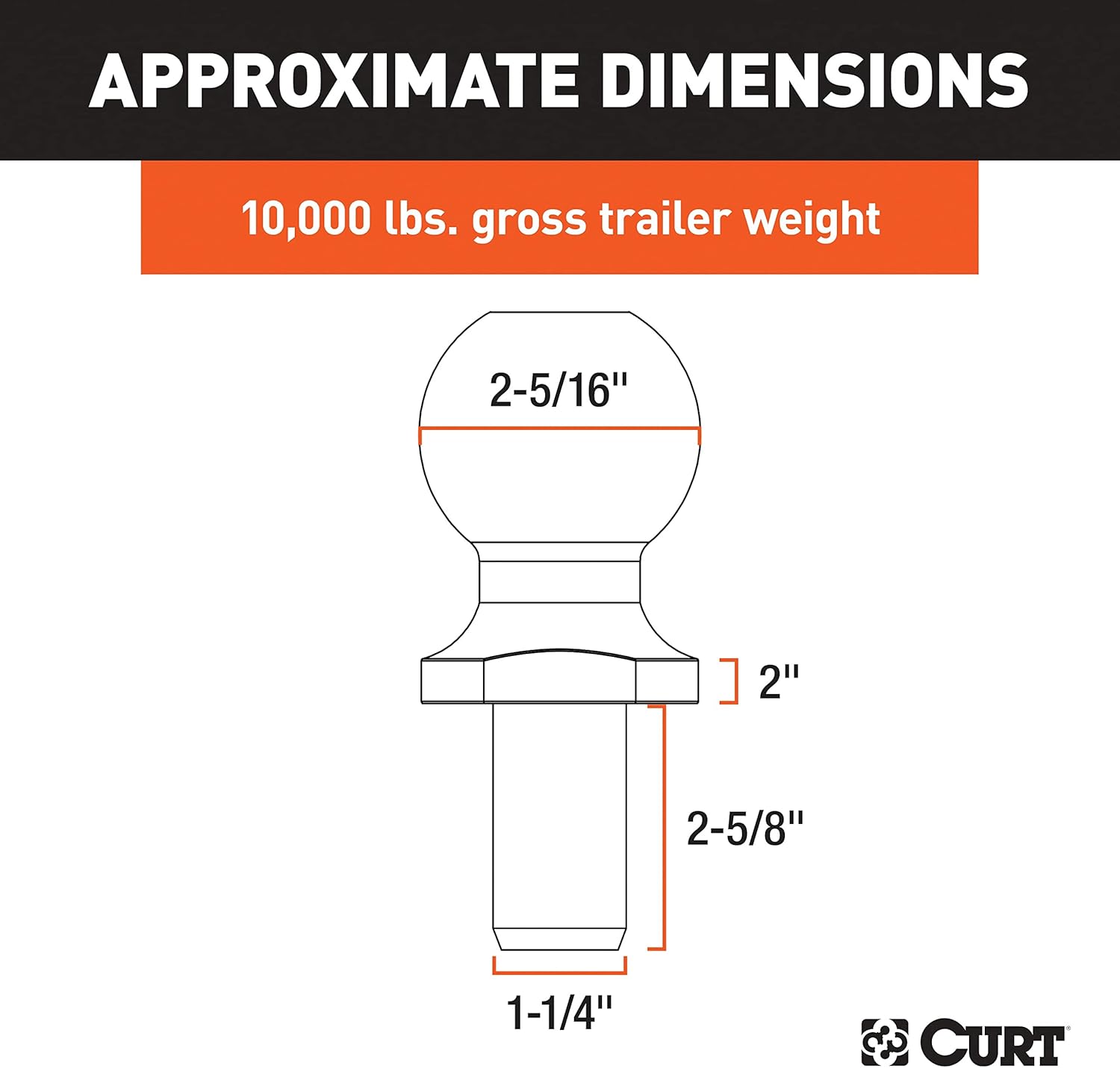 CURT 40036 Chrome Trailer Hitch Ball, 10,000 lbs, 2-Inch Rise, 2-5/16-Inch Diameter, 1-1/4 x 2-5/8-Inch Shank
