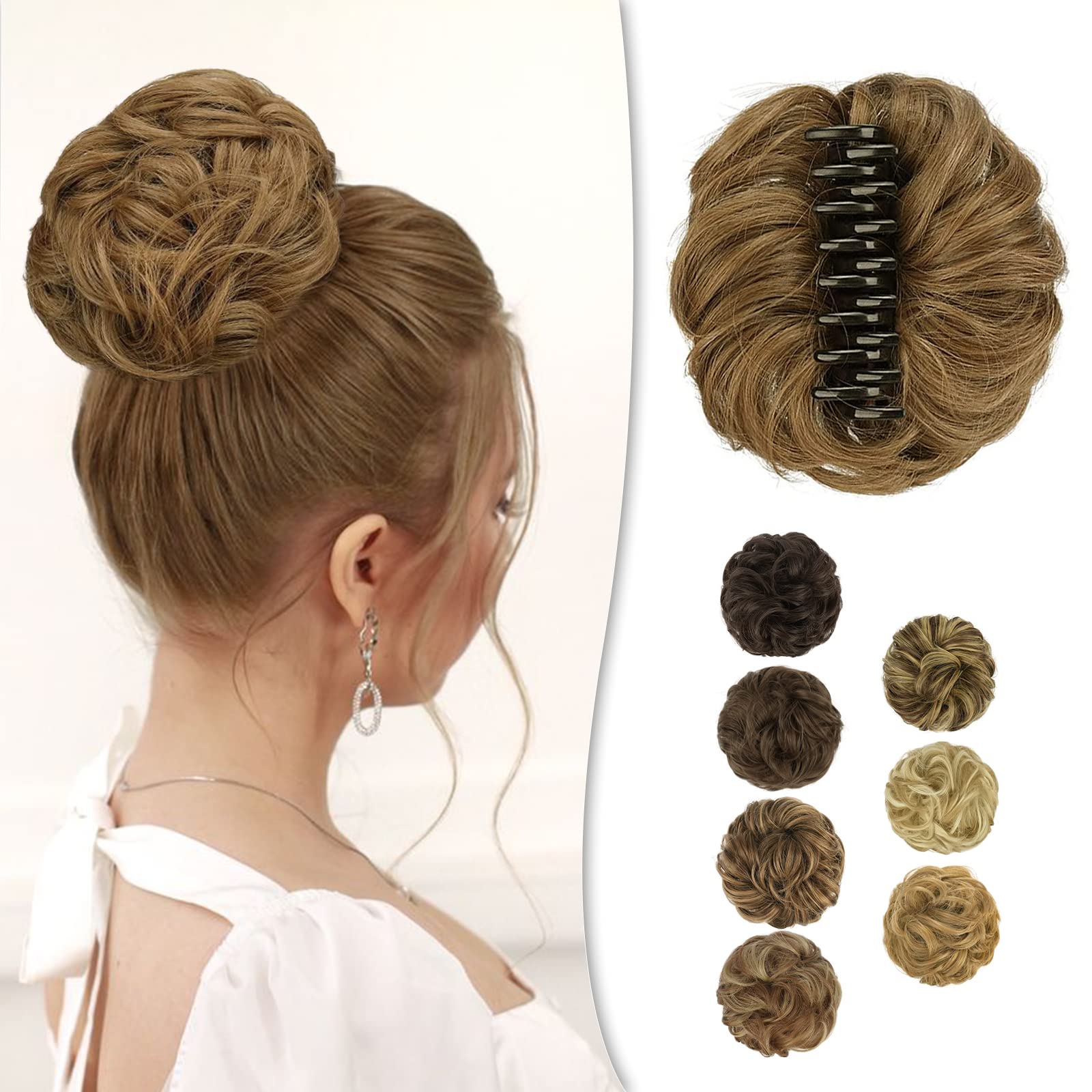 BARSDAR Claw Clip Messy Bun Hairpiece, Clip in Hair Scrunchies Curly Synthetic Hair Bun Extensions for Women Ponytail Updo Hair Donut Chignon, 86/10# Sandy Blonde mix Caramel Brown Evenly