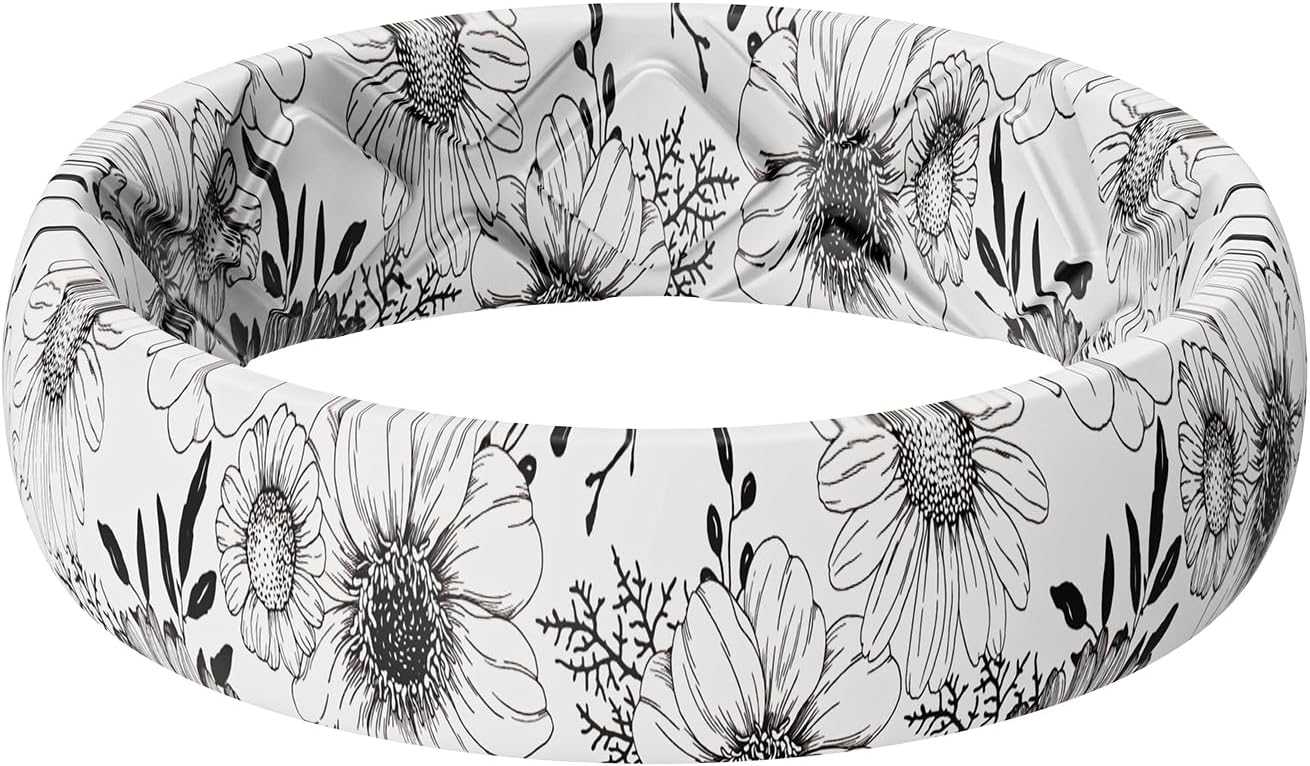 Egnaro Women's Silicone Statement Rings, 5.2mm Wide 2mm Thick Rubber Printed Floral Wedding Bands For Her Size 4-12
