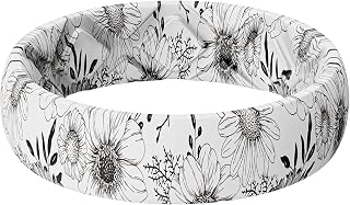 Egnaro Silicone Statement Ring Women, Floral Patterned Rubber Wedding Band | 5.2mm Wide 2mm Thick Printed Style, Inner Arch and Breathable X Grooves for Gym Workout Travel Work Pregnancy Daily Wear