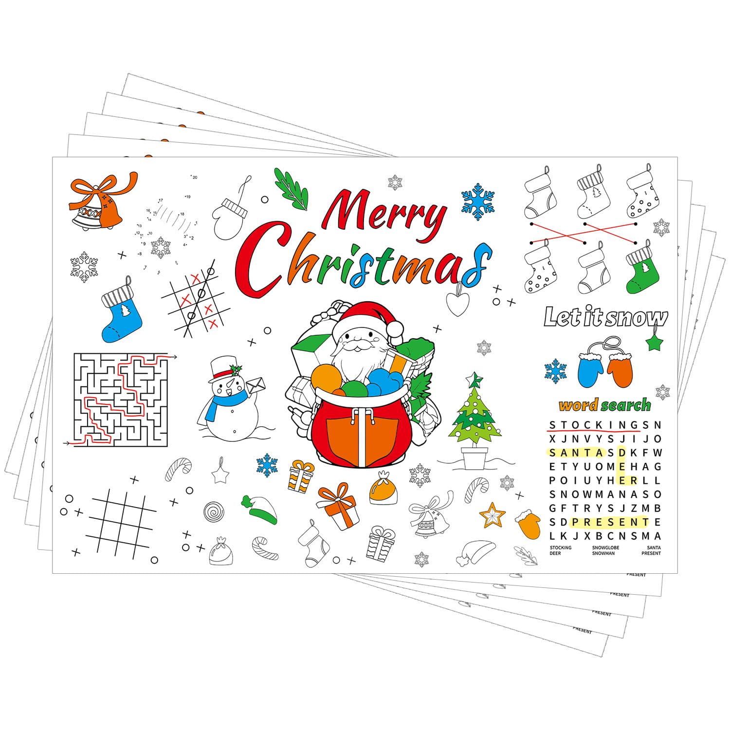 12uds Manteles Individuales para Colorear de Navidad para Niños, Manteles Individuales Navidad Papel para el Hogar Suministros de Mesa(Estilo de Juego 2)
