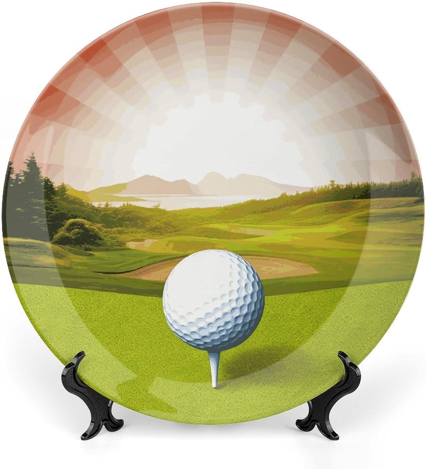 Golf Sport Bone China Decorative Plate with Display Stand, Ceramic Ornaments Plate for Wall Hanging, Personalized Porcelain Plates for Office, Living Room 8inch