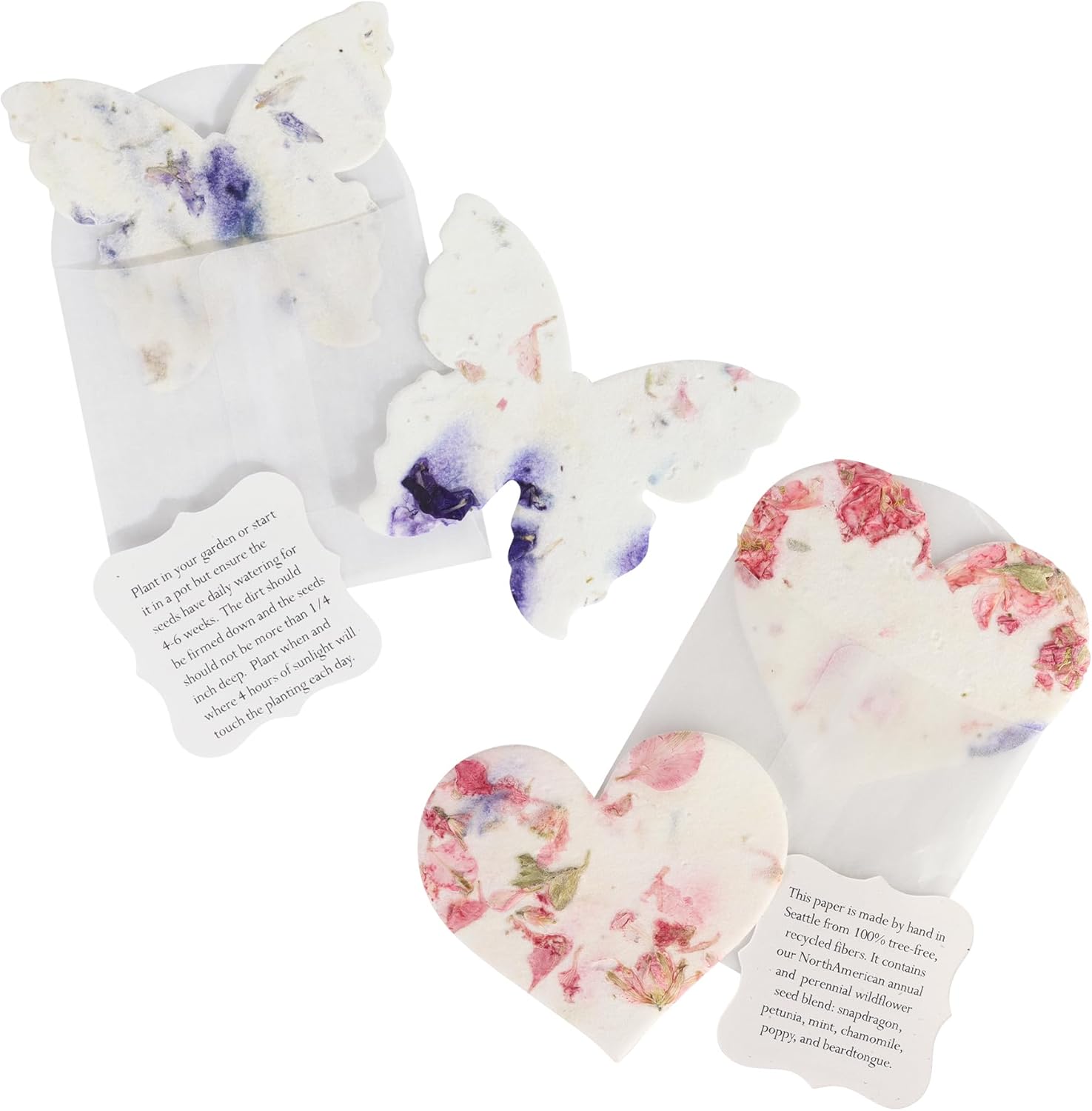 Set of 24 Pink Heart AND Set of 24 Purple Butterfly - Plantable Seed Paper Embedded with Wildflower Seeds for Bridal Shower, Wedding Gift, Birthday, & other Milestone Celebrations