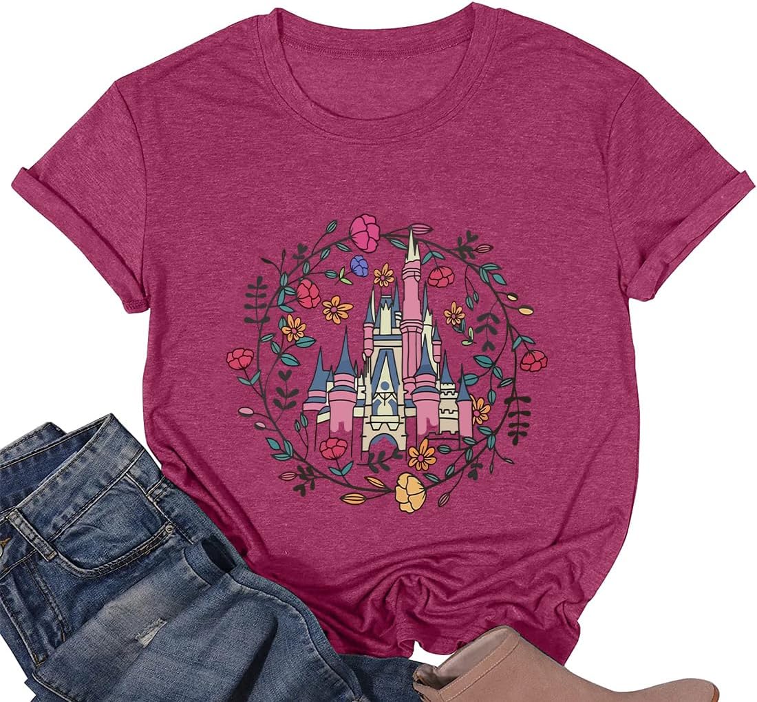 Magical Kingdom Shirts for Women Princess Castle Short Sleeve Vintage Floral Graphic Tee Vacation Tops
