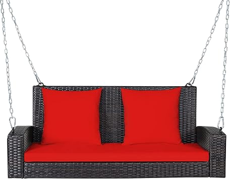 RELAX4LIFE Porch Swing 2-Seat Patio Rattan, Wicker Porch Swings Outdoor W/Two 7.9 Ft Solid Steel Chain, Comfortable Back & Seat Cushions, for Front Porch, Garden, Backyard Patio Swing Red