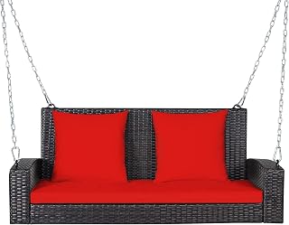 RELAX4LIFE Porch Swing 2-Seat Patio Rattan, Wicker Porch Swings Outdoor W/Two 7.9 Ft Solid Steel Chain, Comfortable Back & Seat Cushions, for Front Porch, Garden, Backyard Patio Swing (Red)