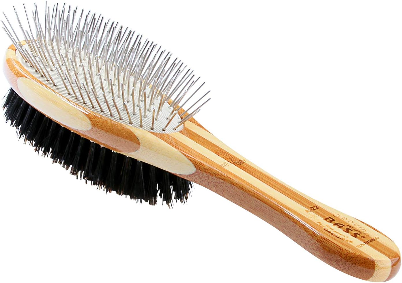 Bass Brushes | Dual Sided Pet Brush | Natural Bristle & Alloy Pin | Bamboo Handle | Full Oval | Striped Finish | Model A22-SB