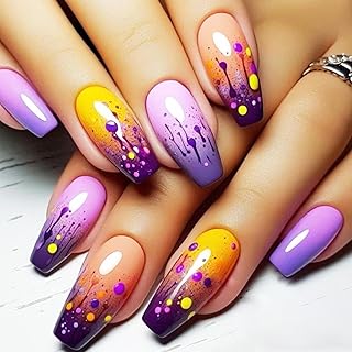 Graffiti Press on Nails French Tip Acrylic Full Cover Fake Nails 24Pcs Glossy Purple Gradient Medium Coffin False Nail Painted Stick on Nail Curve Line Gel Glue on Fingernails for Holiday Manicure Art