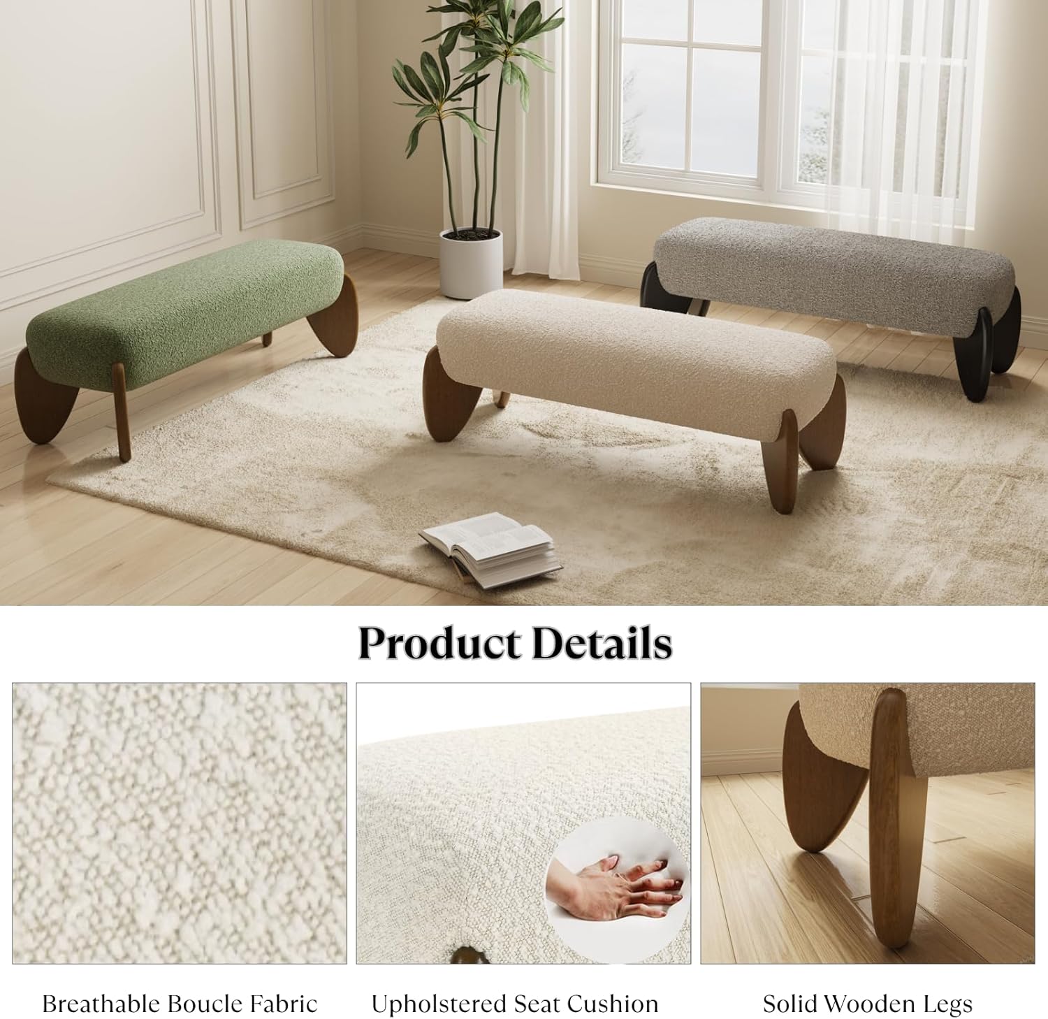 HEAH-YO Entryway Bench, End of Bed Bench with Upholstered Sherpa Cushion, 50” Modern Ottoman with Wood Legs for Bedroom Living Room, Beige