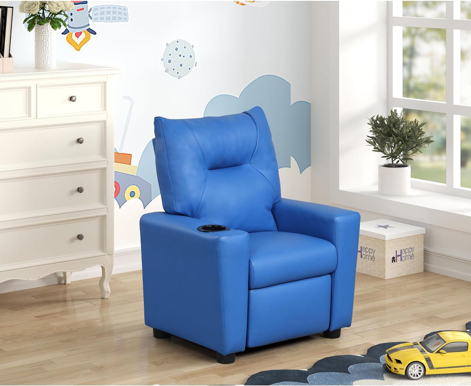 Perline 23" W Blue PVC Fabric Kids Recliner Chair with Cupholder