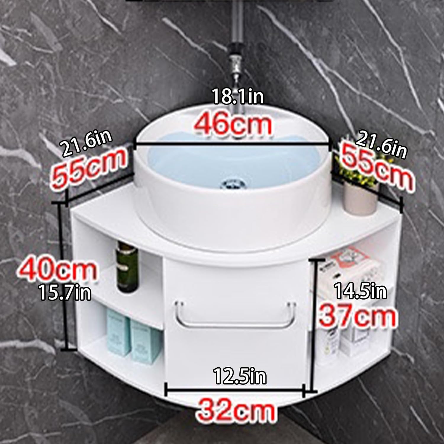 Corner Bathroom Sink, Floating Bathroom Corner Vanity, Corner Wall Mount Bathroom Sink with Open Shelve, bathroom sink with Storage container(21.6x18.1x15.7in)